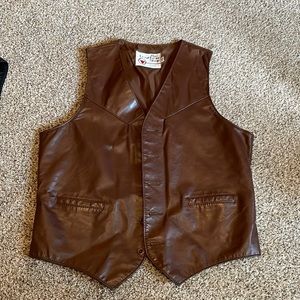 Vintage Sears Mens leather vest brown tan 44T tall